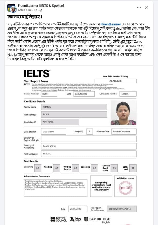 Asia Kimi's IELTS result, band 7.0