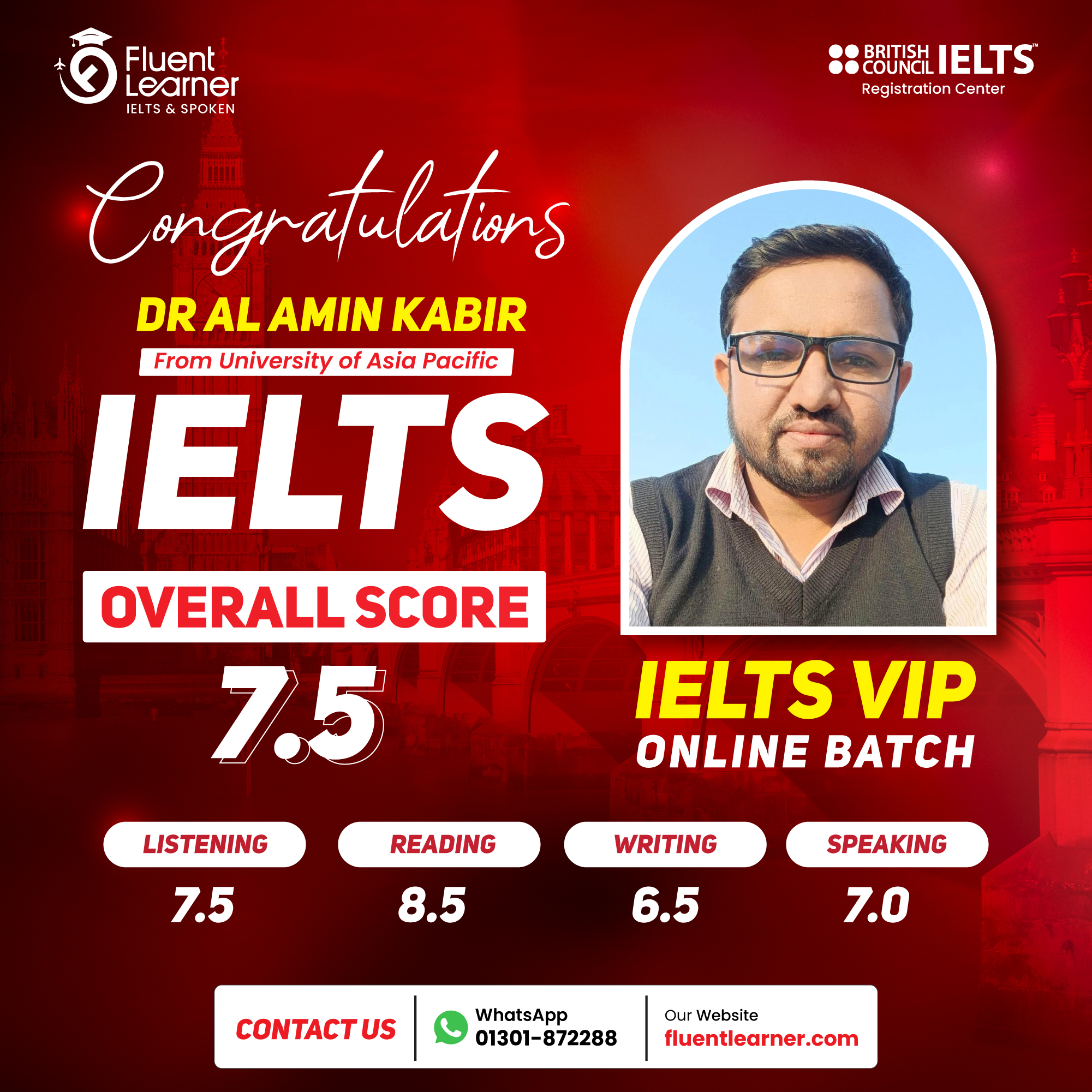 Dr Al Amin Kabir's IELTS result