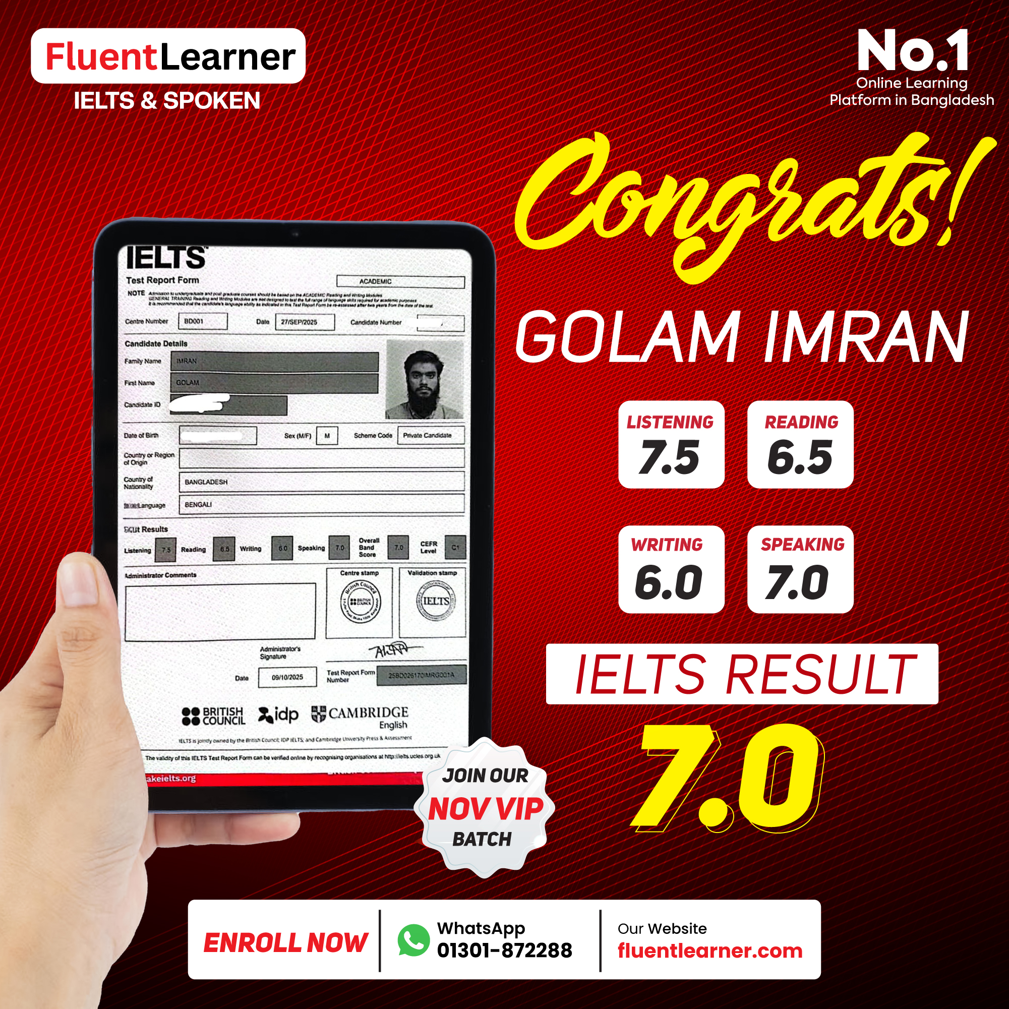 Golam Imran's IELTS result